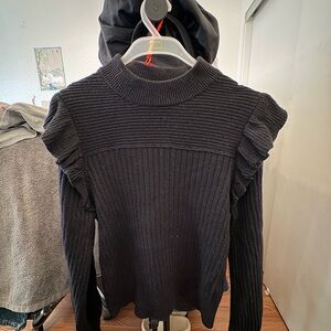 & Other Stories Black Ribbed Crewneck Sweater with Shoulder Ruffle